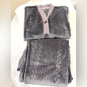 Gray Textured Button-Up Cardigan and Pants Set